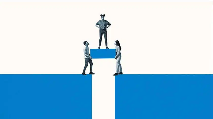 image of young people stepping over gap representing how to reduce workplace barriers