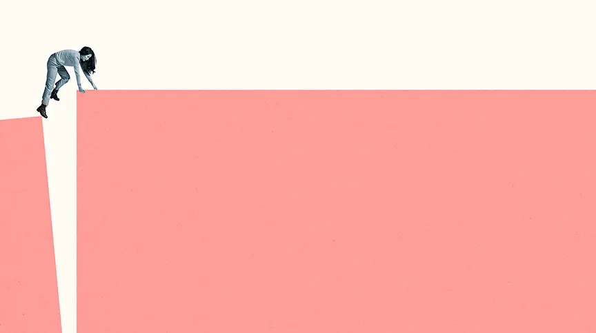 abstract image of woman climbing over gap representing pandemic stress concept